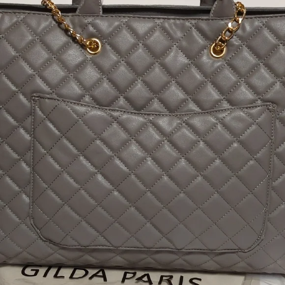Gilda Paris Large Quilted Tote Bag Grey Vegan Leather and Gold Accents - Picture 8 of 8